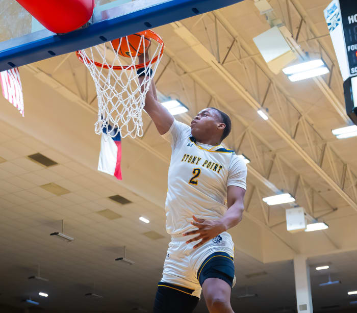 Stony Point's Josiah Moseley, a Villanova signee, throws down a dunk in a playoff win against Westlake on Feb. 27, 2024.
